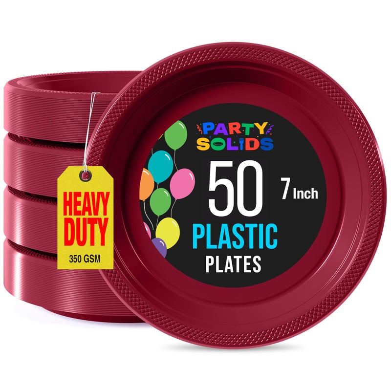Exquisite Party Solids Burgundy Plastic Plates For Party Supplies 7 Burgundy Disposable Plates Heavy Duty 50 Pcs Plastic Dinnerware Sets Heavy Duty 350 GSM Disposable Dinnerware Set